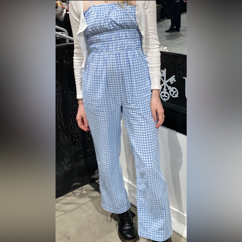 Blue and white gingham wide-leg jumpsuit
